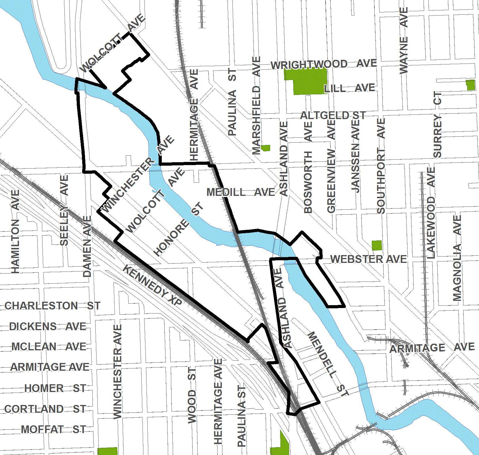 North Branch North TIF district, roughly bounded on the north by Wolcott and Clybourn avenues, Cortland Street on the south, the North Branch of the Chicago River on the east, and the Kennedy Expressway on the west.